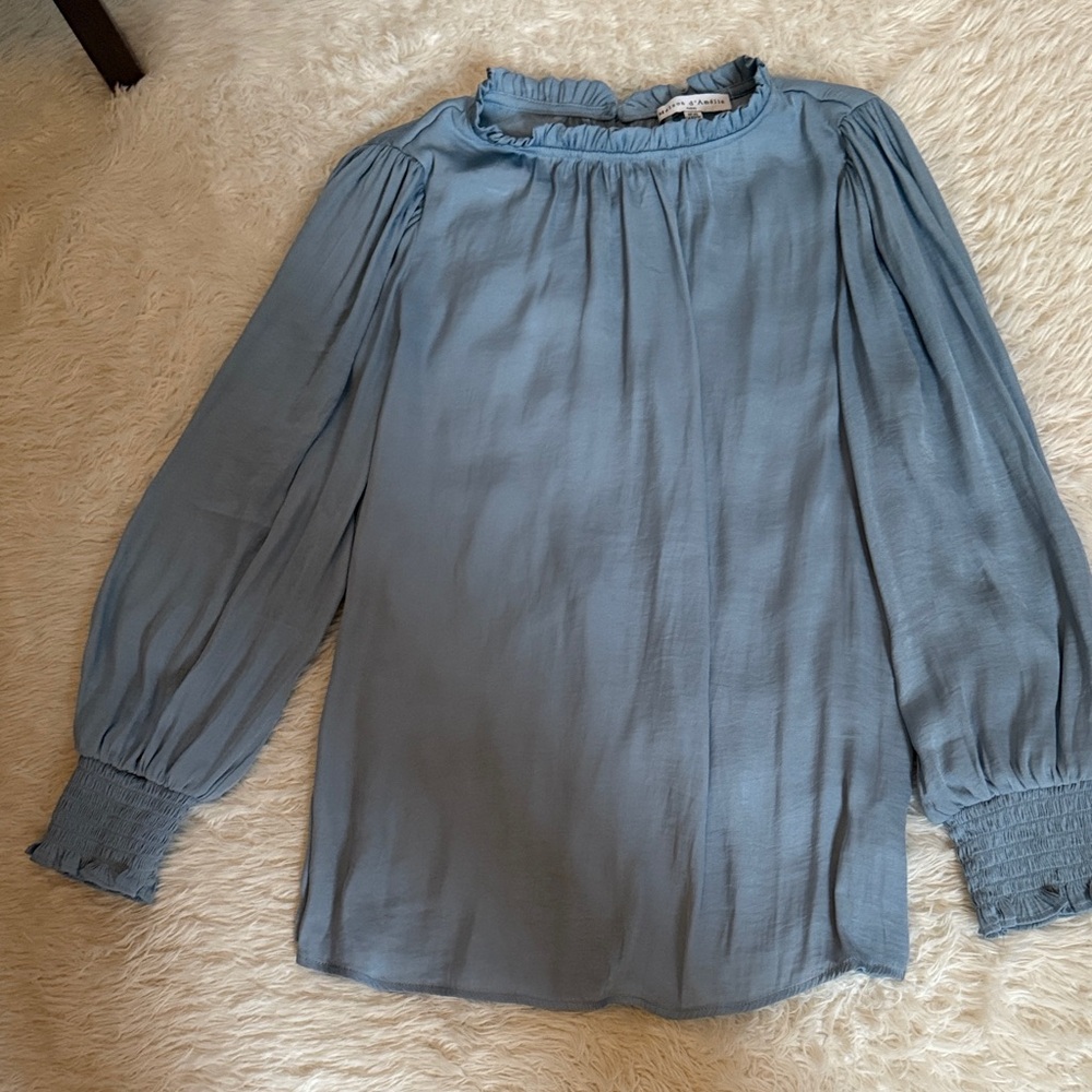 Chic Blue Women's Blouse with Ruffled Neckline